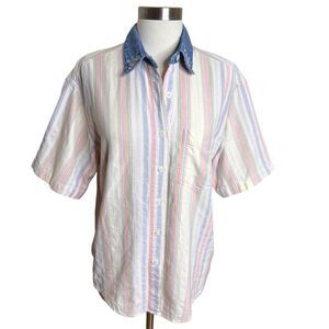 VTG Lemon Grass Shirt Womens Medium Pastel Striped Denim Collar Short Sleeve